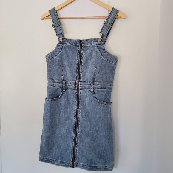 AMERICAN EAGLE Sz 6 Blue Denim Jean Overall Mini Dress Front Zip Straps Stretch - Picture 14 of 14